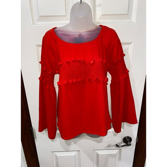 Amaryllis Red Long Bell Sleeve Smocked Blouse By Amaryllis  Size Small - Picture 8 of 8